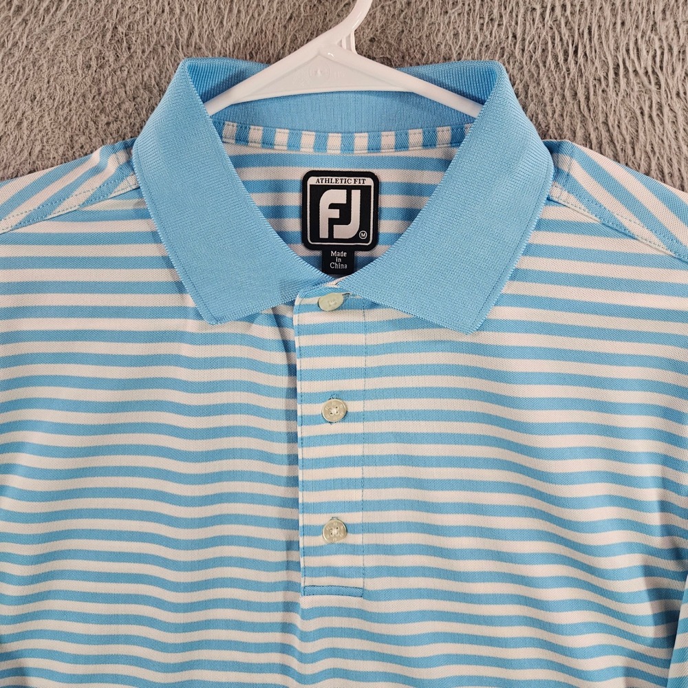 FootJoy Mens Athletic Fit Golf Polo Shirt Blue White Striped Size Medium FJ Logo